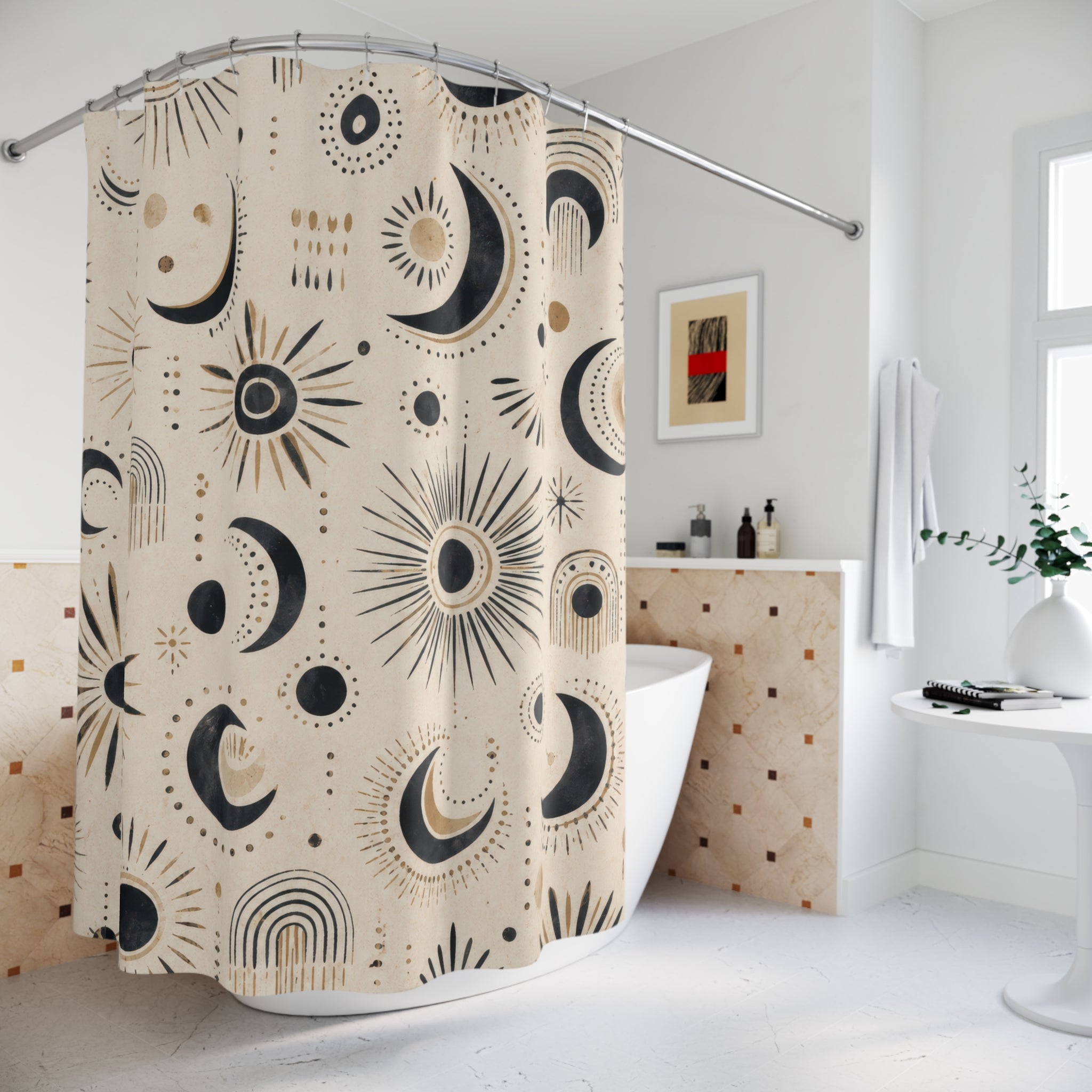 Black White Boho Celestial Moon Tile Line Shower Curtain