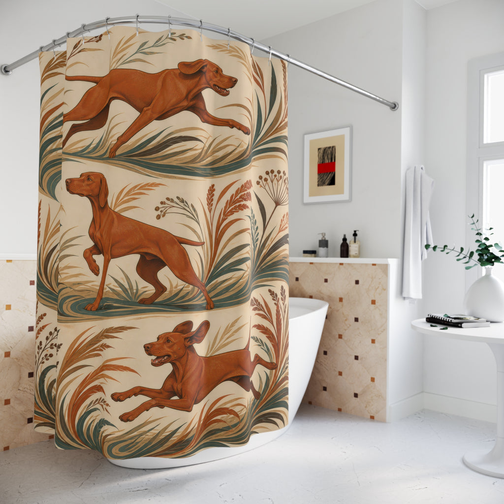 Botanical running Vizsla shower curtain beside a freestanding tub