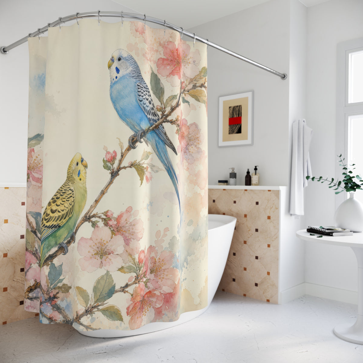 Watercolor Parakeet Pair shower curtain beside a freestanding tub
