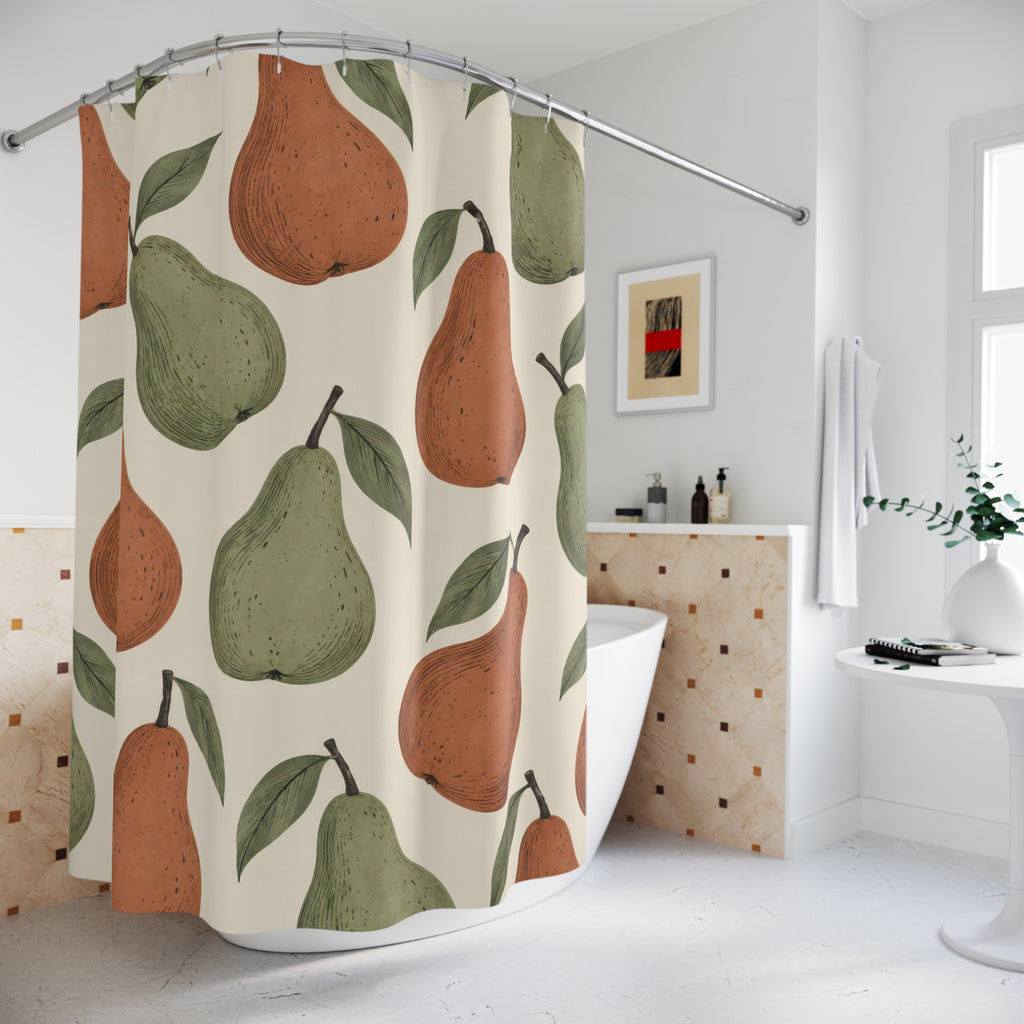 Sage green and terracotta pears with dark contours on cream shower curtain beside a freestanding tub