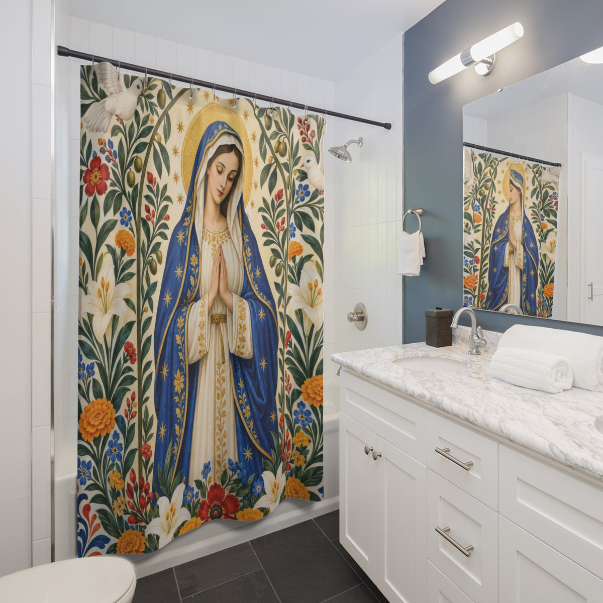Praying Virgin Mary with folk flowers and white doves shower curtain beside a white vanity