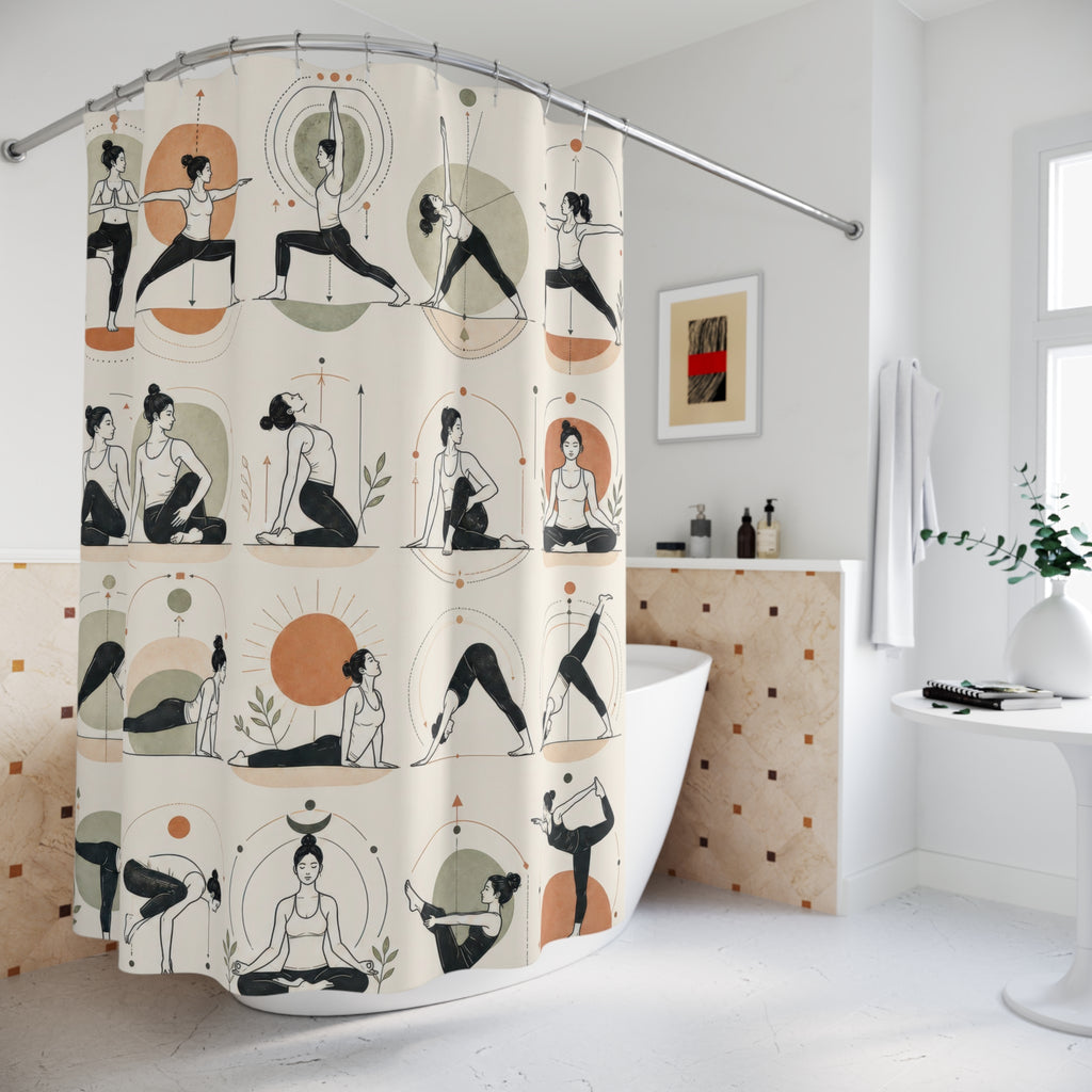 Unique Yoga Shower Curtain, Illustrated Pose Chart Art, Neutral Sage Terracotta Bathroom Decor, Wellness Studio Guest Bath Gift For Home