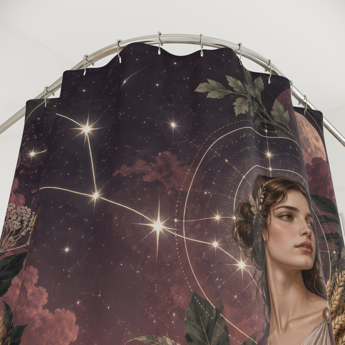 Virgo harvest maiden beside a moonlit river shower curtain with close-up print, hooks, and folds