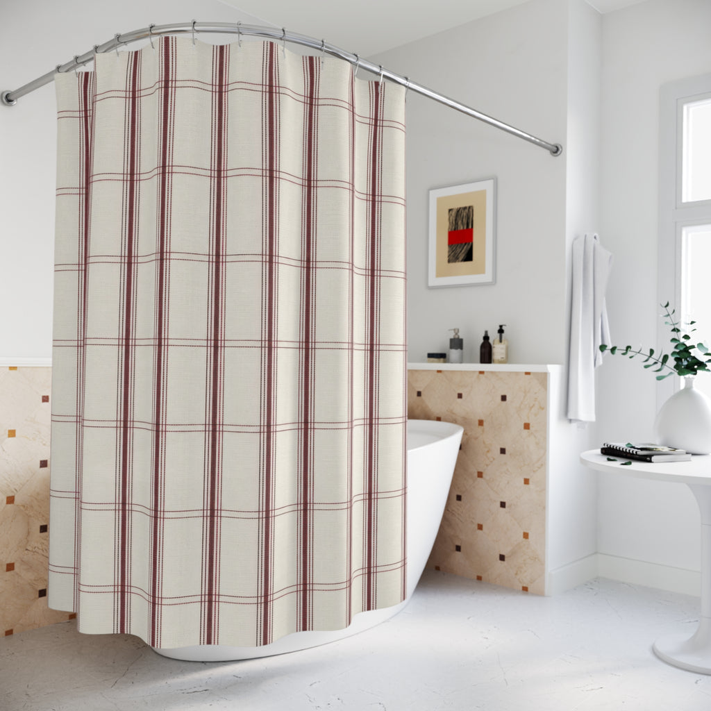 Burgundy Pinstripe Grid Shower Curtain, Burgundy Gray Classic Bathroom Decor, Plaid Pattern Bath Curtain, Guest Bath Decor, Home Decor