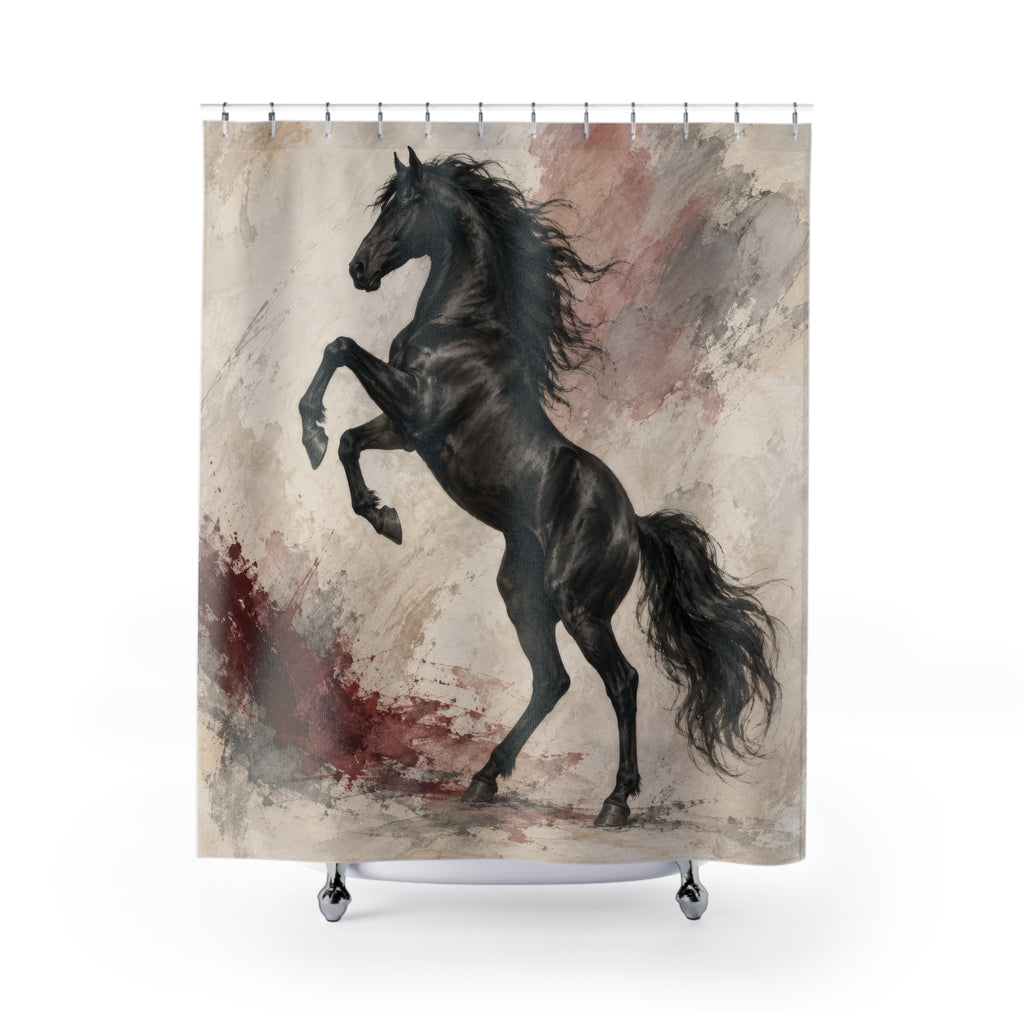 Rearing black horse with oxblood and pale stone brushwork shower curtain with full front view
