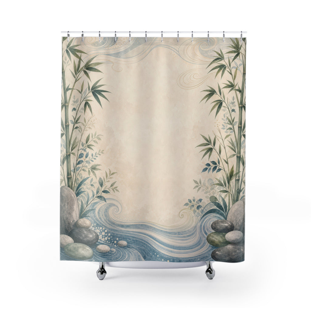 Feng Shui Border Shower Curtain, Jade Bamboo Bath Decor, Warm Ivory Center, Zen Water Stone Guest Bathroom Spa Decor, Tranquil Green Ivory