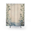 Feng Shui Border Shower Curtain, Jade Bamboo Bath Decor, Warm Ivory Center, Zen Water Stone Guest Bathroom Spa Decor, Tranquil Green Ivory