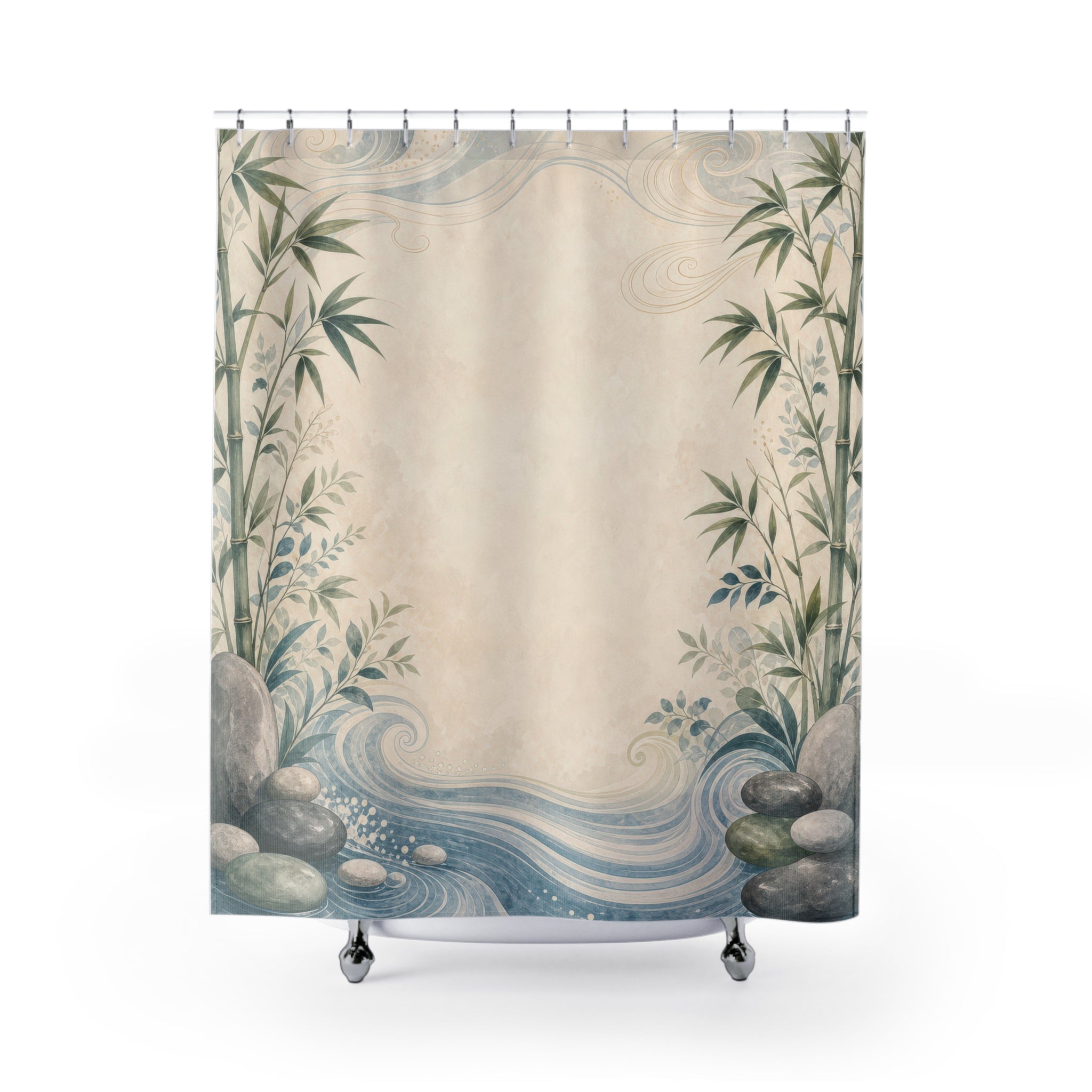 Feng Shui Border Shower Curtain, Jade Bamboo Bath Decor, Warm Ivory Center, Zen Water Stone Guest Bathroom Spa Decor, Tranquil Green Ivory