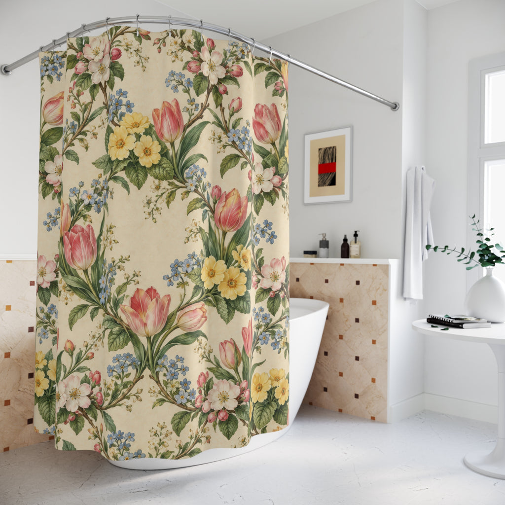 Pink tulips, apple blossoms, and primroses in a garden garland shower curtain beside a freestanding tub