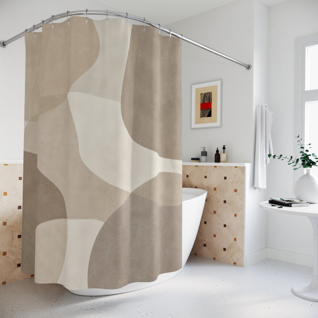 Abstract Shower Curtain, Taupe Stone Neutral Pebble Shapes, Grey Beige Bathroom Decor, Soft Modern Guest Bath Organic Spa Style