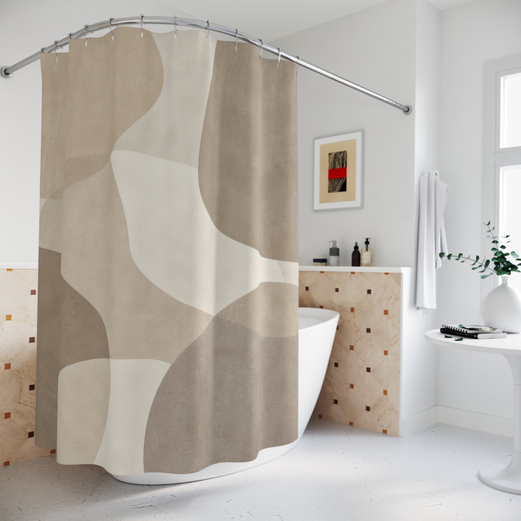 Abstract Shower Curtain, Taupe Stone Neutral Pebble Shapes, Grey Beige Bathroom Decor, Soft Modern Guest Bath Organic Spa Style