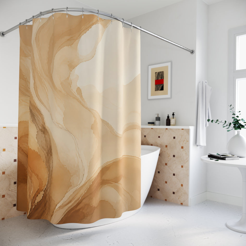 Sweeping tan caramel and cream mineral plume abstraction shower curtain beside a freestanding tub