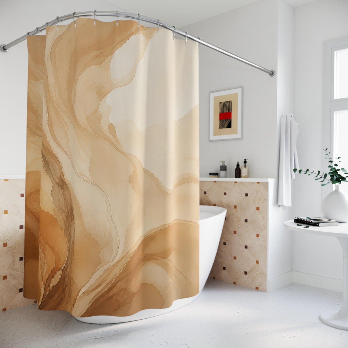 Sweeping tan caramel and cream mineral plume abstraction shower curtain beside a freestanding tub