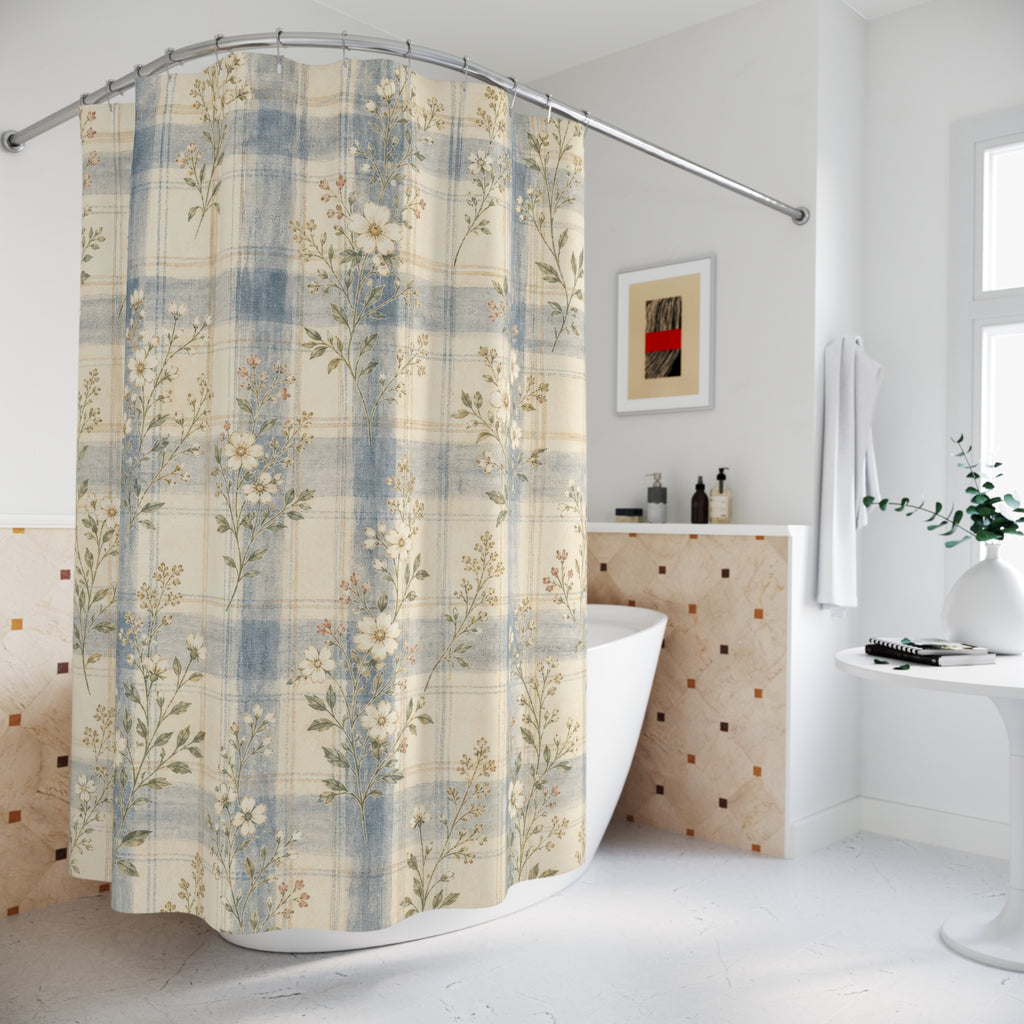 Farmhouse Plaid Floral Blue Shower Curtain