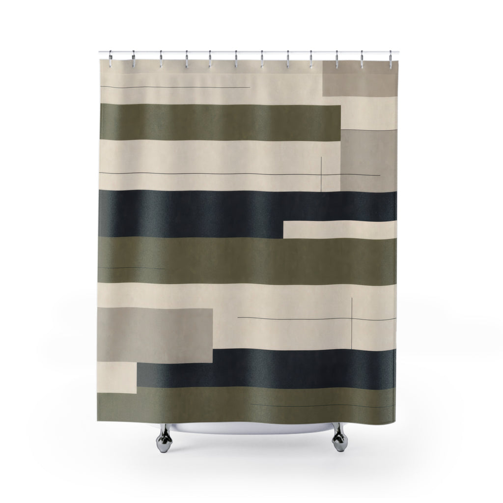 Navy Beige Stripe Olive Green Shower Curtain