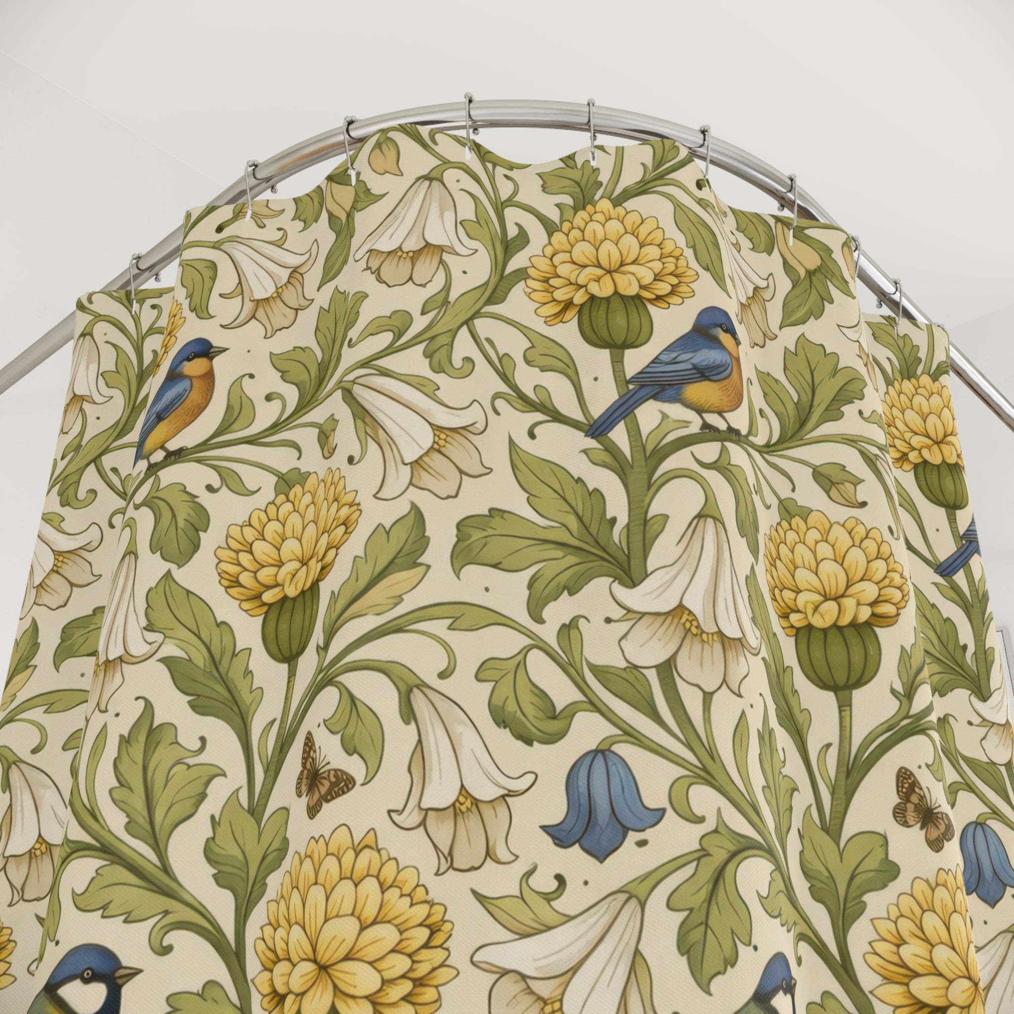 William Morris Floral Shower Curtain – Green Gold Bird