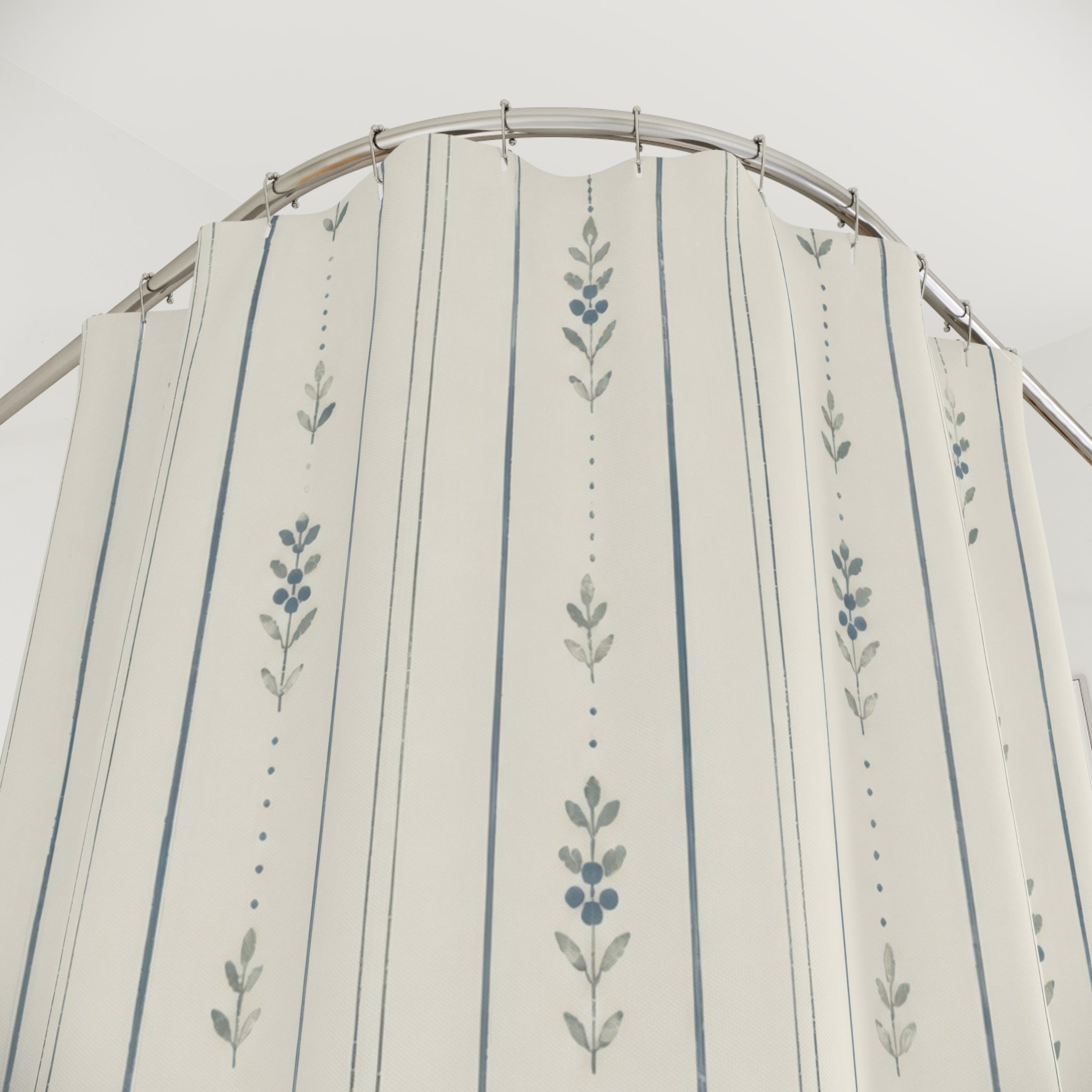Blue Green Botanical Ticking Stripe Shower Curtain