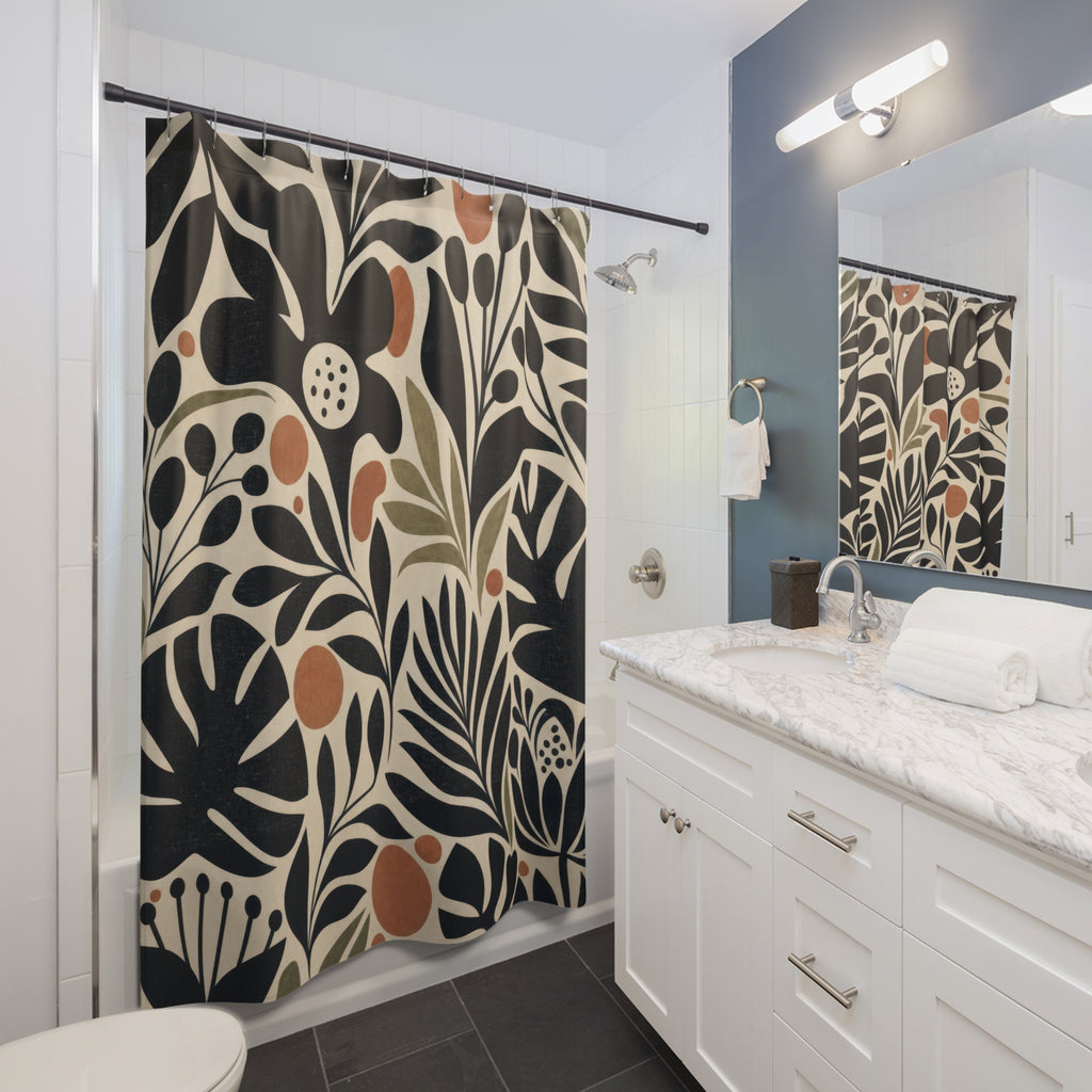 Unique Black Floral Shower Curtain, Graphic Botanical Leaf Pattern, Cream Tan Scandinavian Decor, Modern Guest Bath Accent, Neutral Style