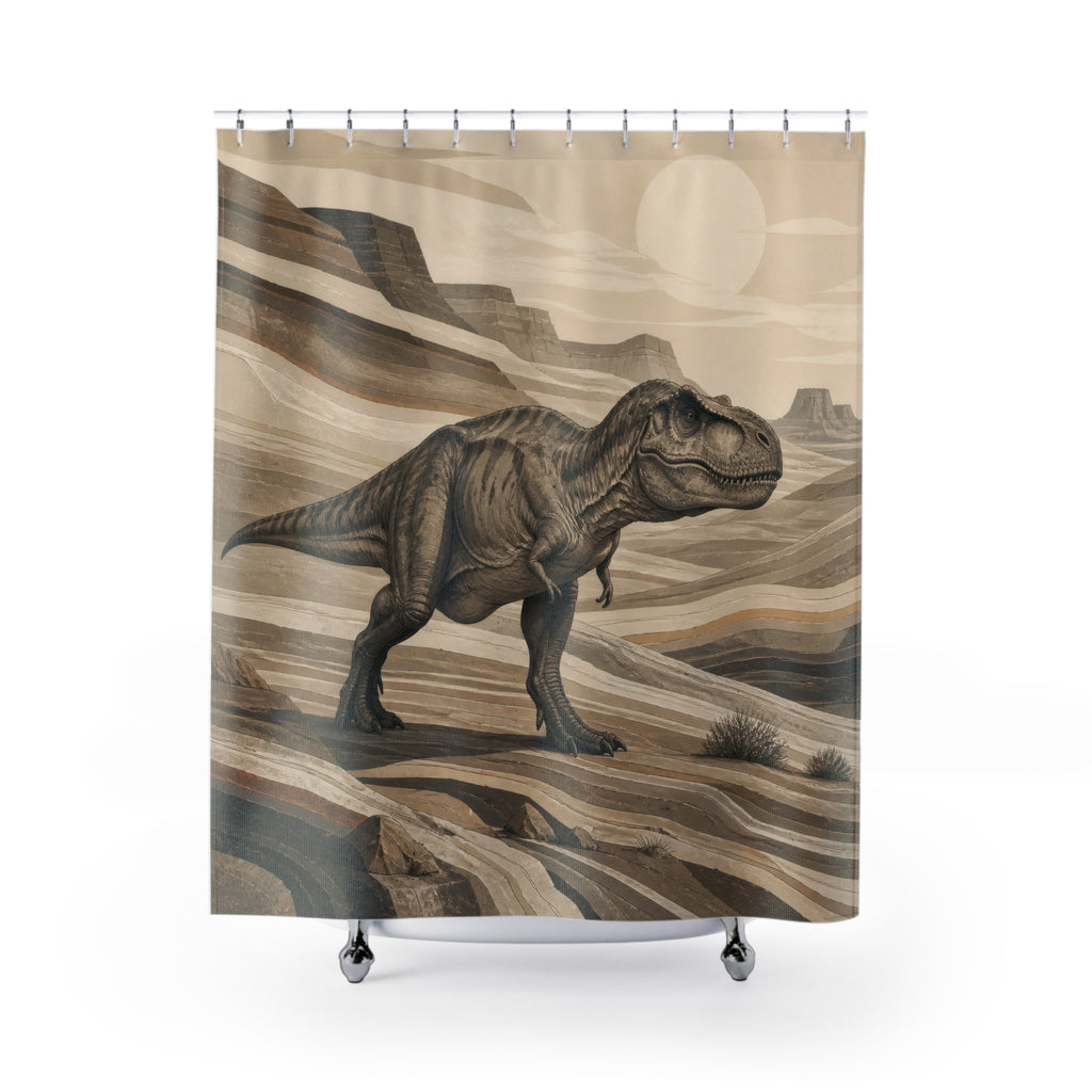 Sepia Tyrannosaurus rex in a layered desert canyon shower curtain with full front view