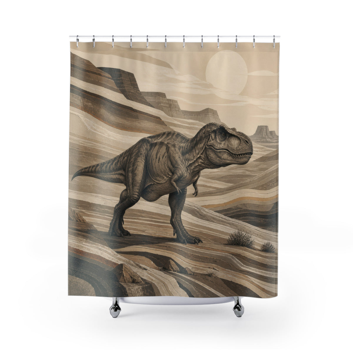 Sepia Tyrannosaurus rex in a layered desert canyon shower curtain with full front view