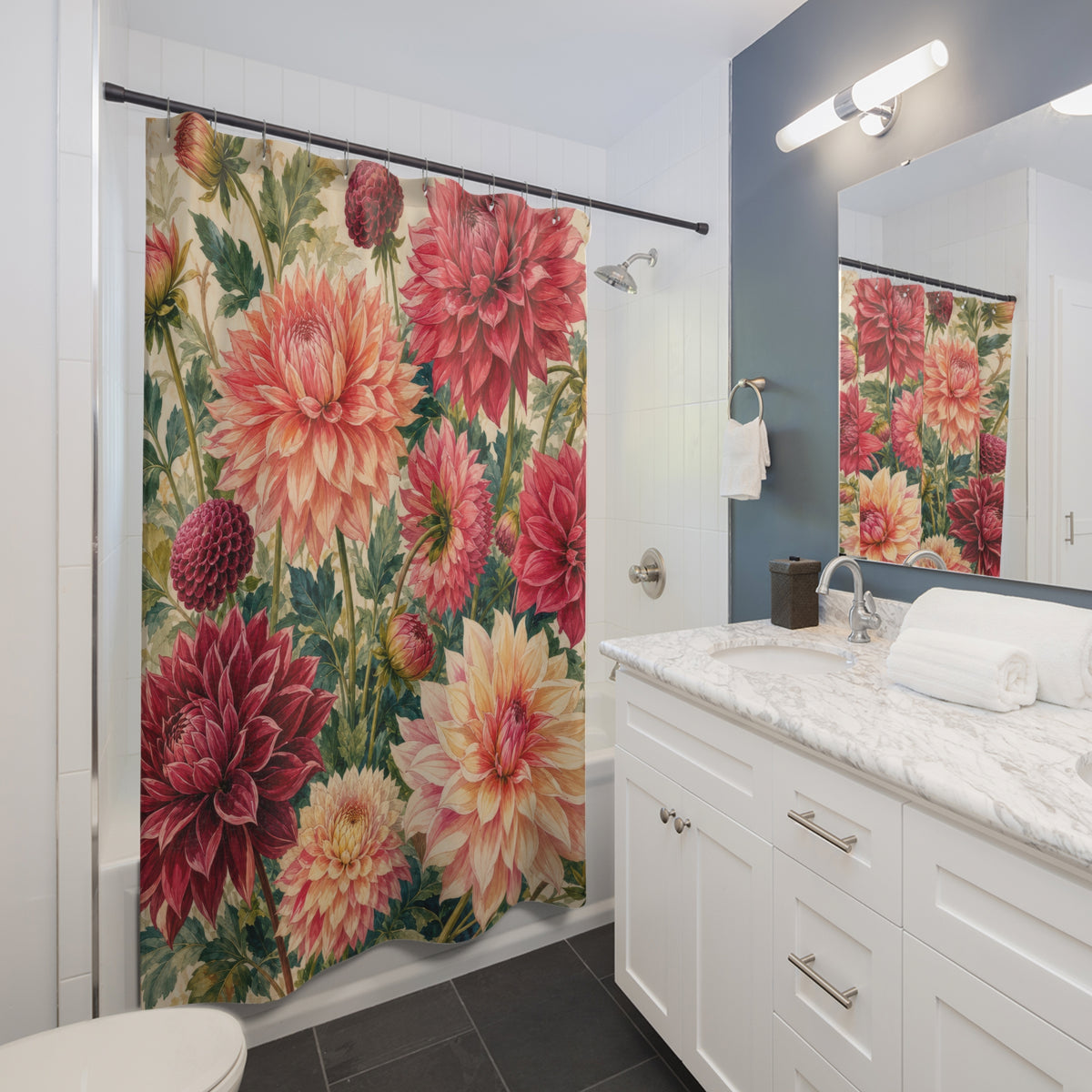 Dahlia Red Pink Floral Botanical shower curtain beside a white vanity
