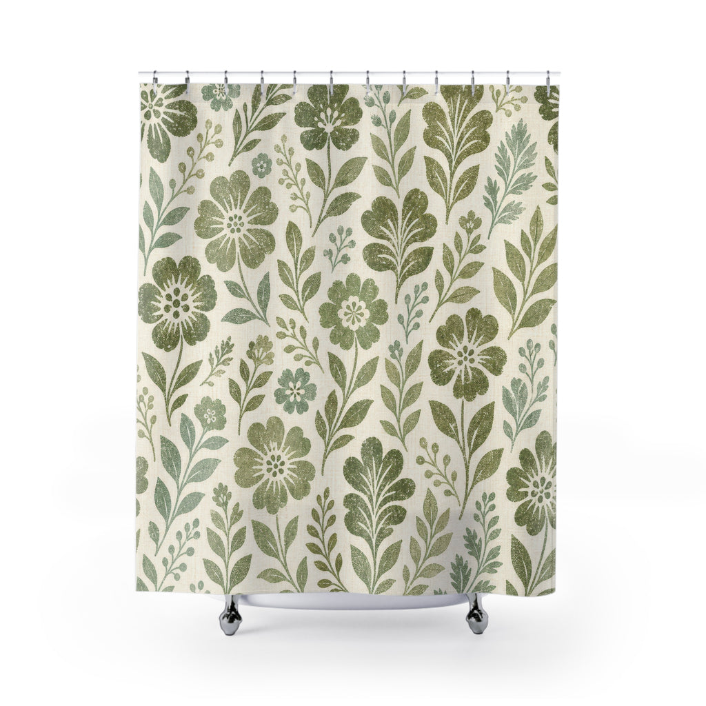 Moss Block Print Flowers Shower Curtain