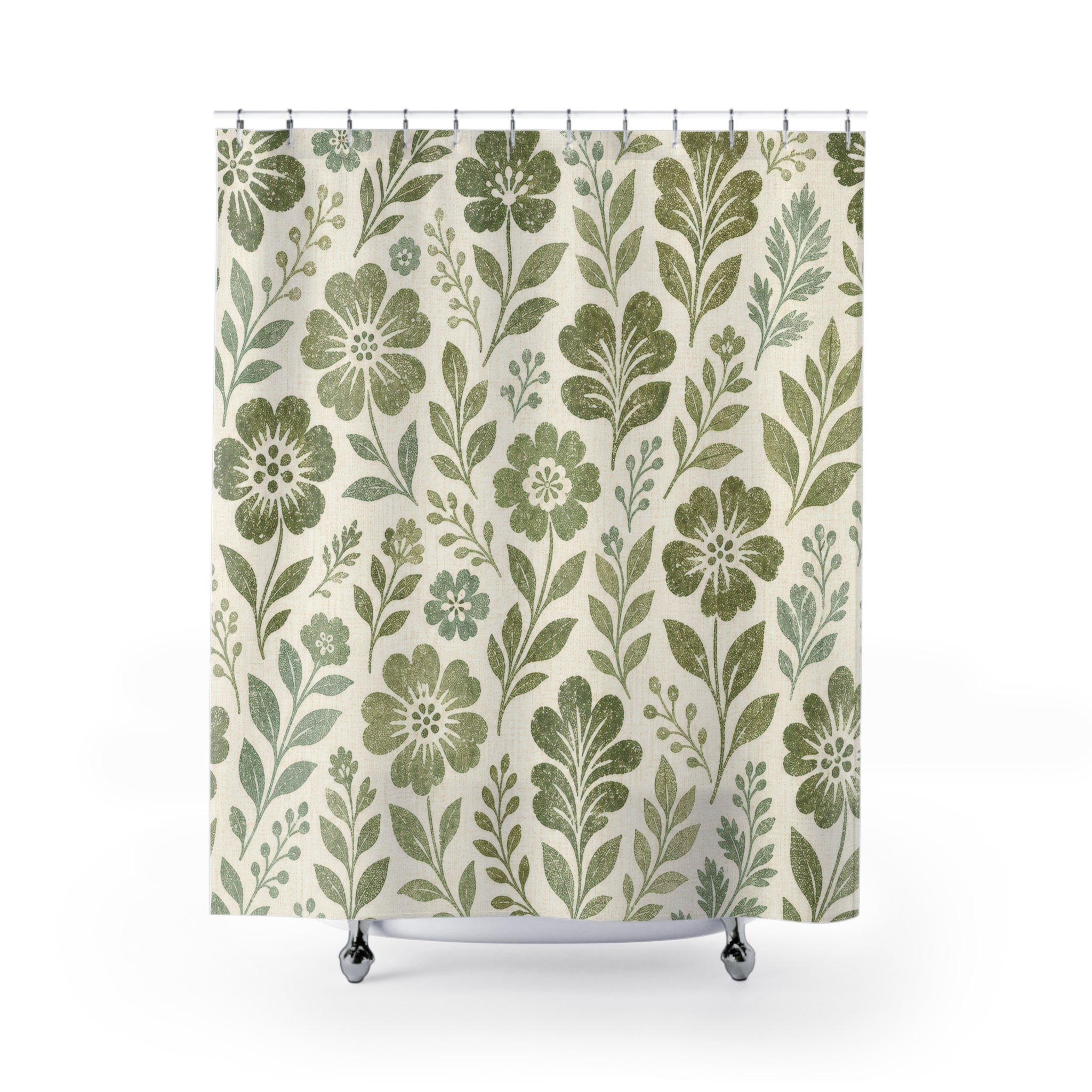 Moss Block Print Flowers Shower Curtain