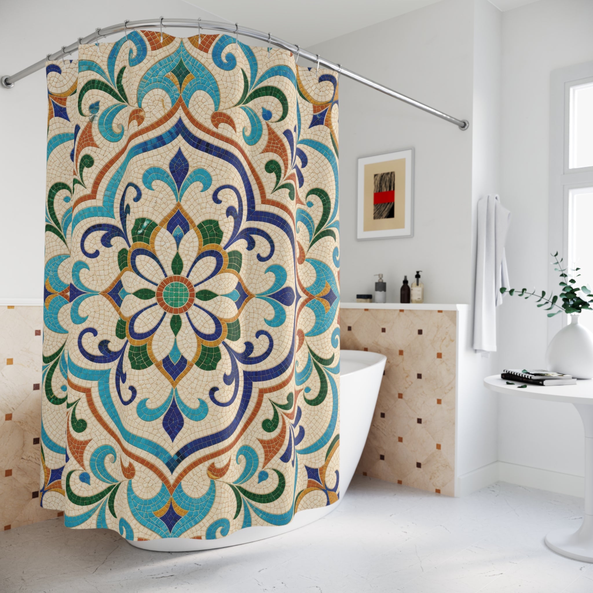 Mosaic Shower Curtain: Blue Green Yellow Tile Pattern
