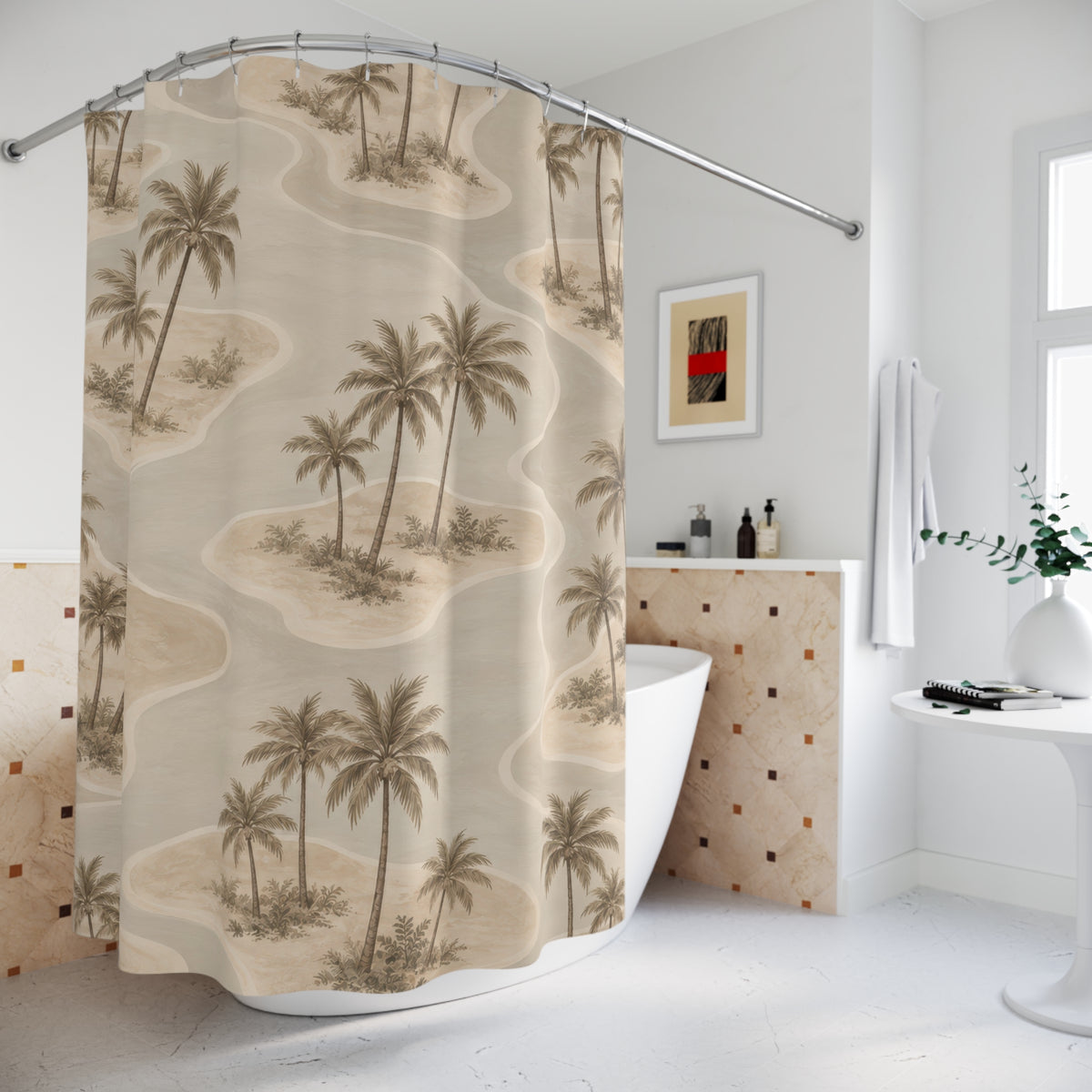 Taupe palm islands with beige and cream lagoon curves shower curtain beside a freestanding tub