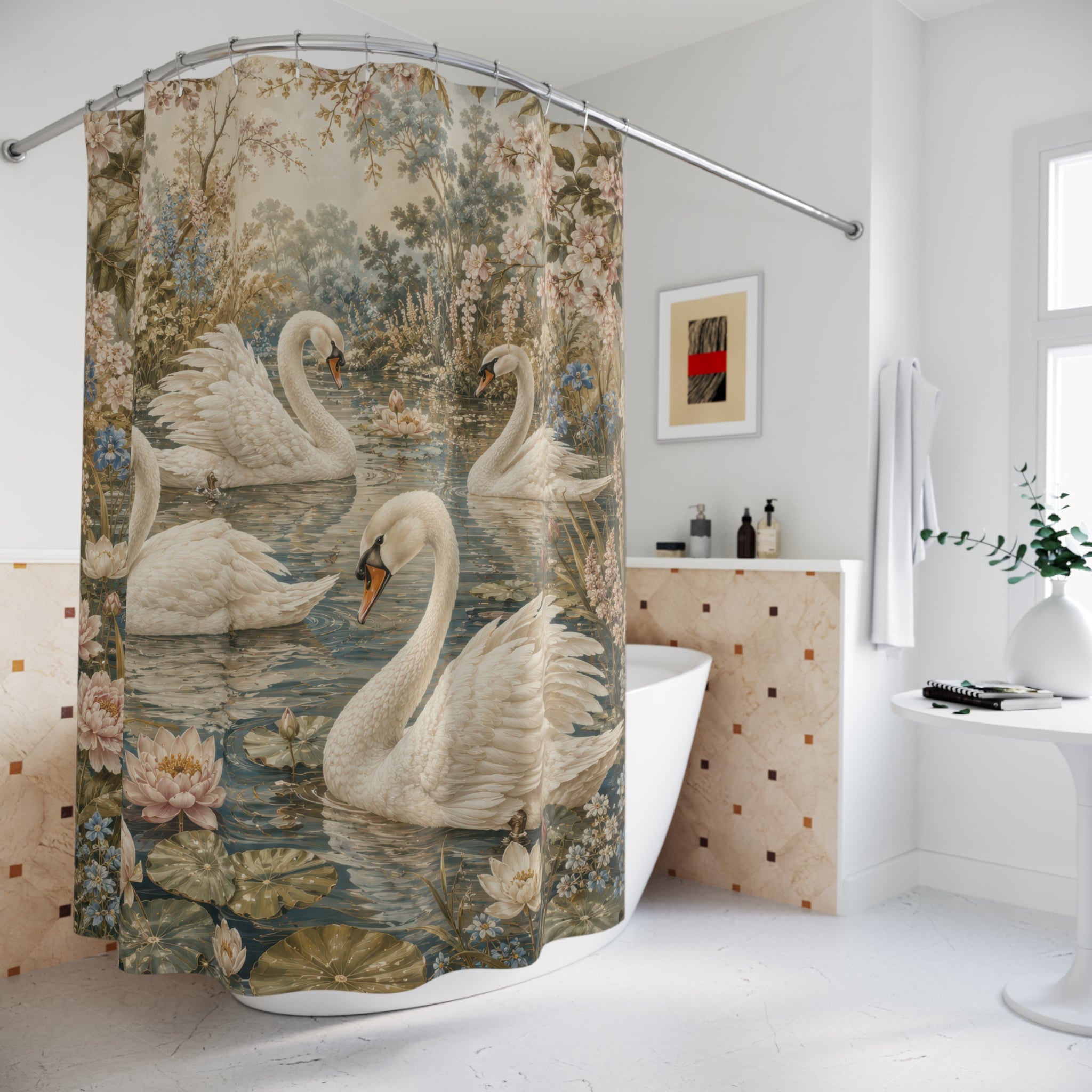 Swan Shower Curtain: Ivory Floral Pond
