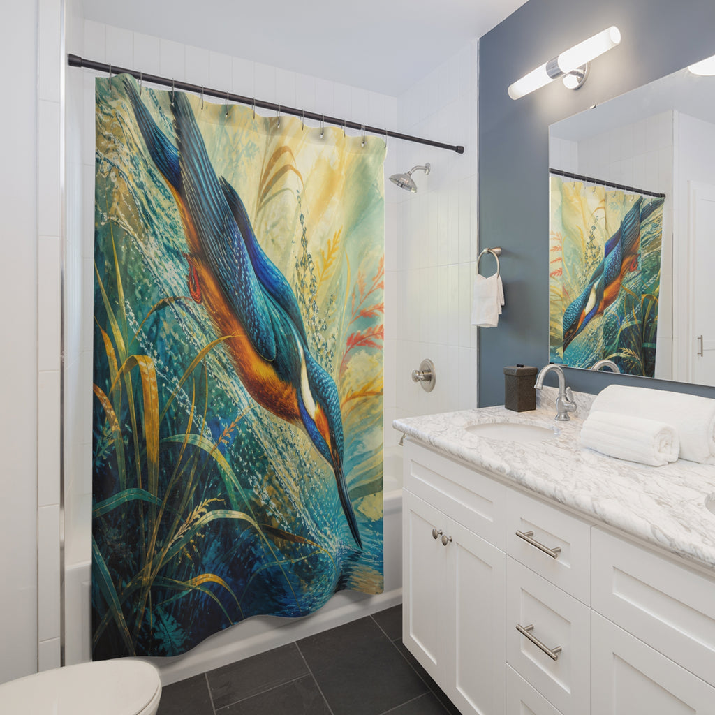 Jewel toned kingfisher diving through sapphire river reeds shower curtain installed beside a white vanity