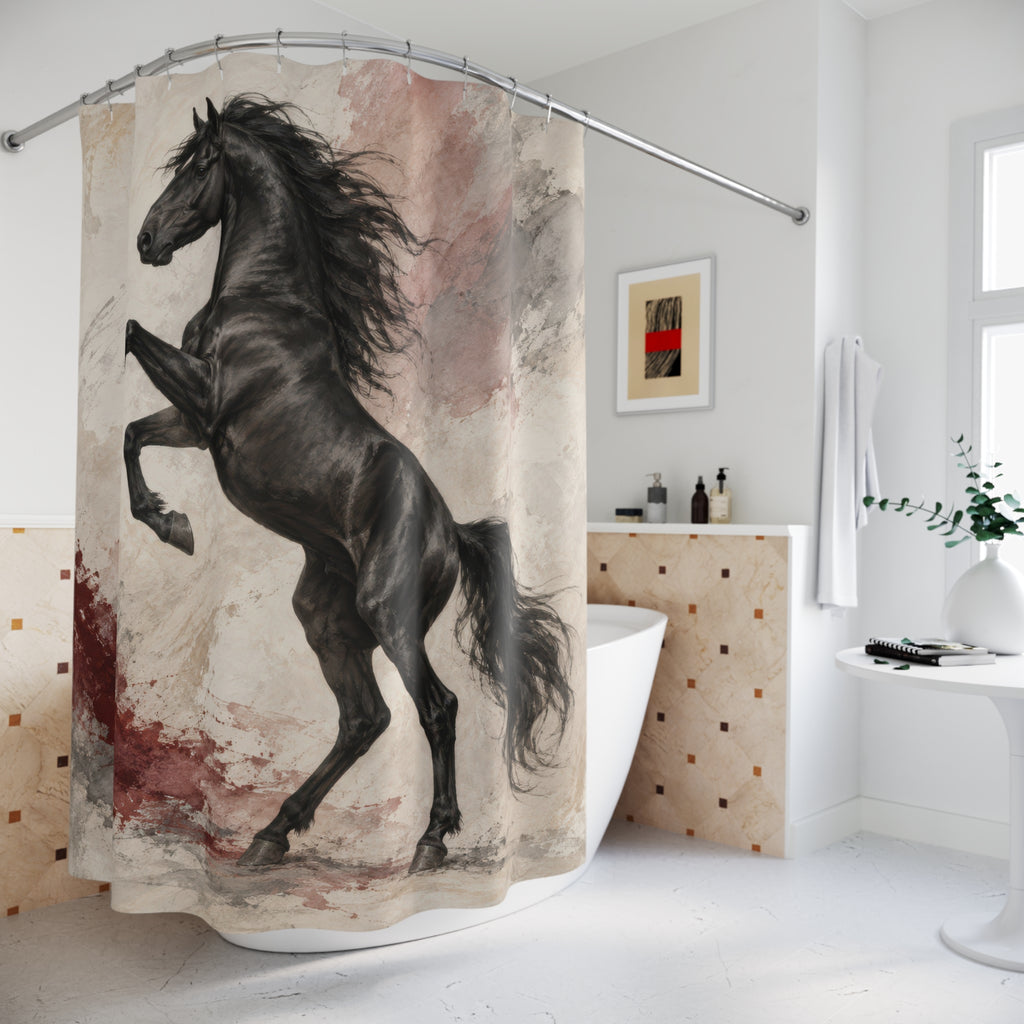 Rearing black horse with oxblood and pale stone brushwork shower curtain beside a freestanding tub