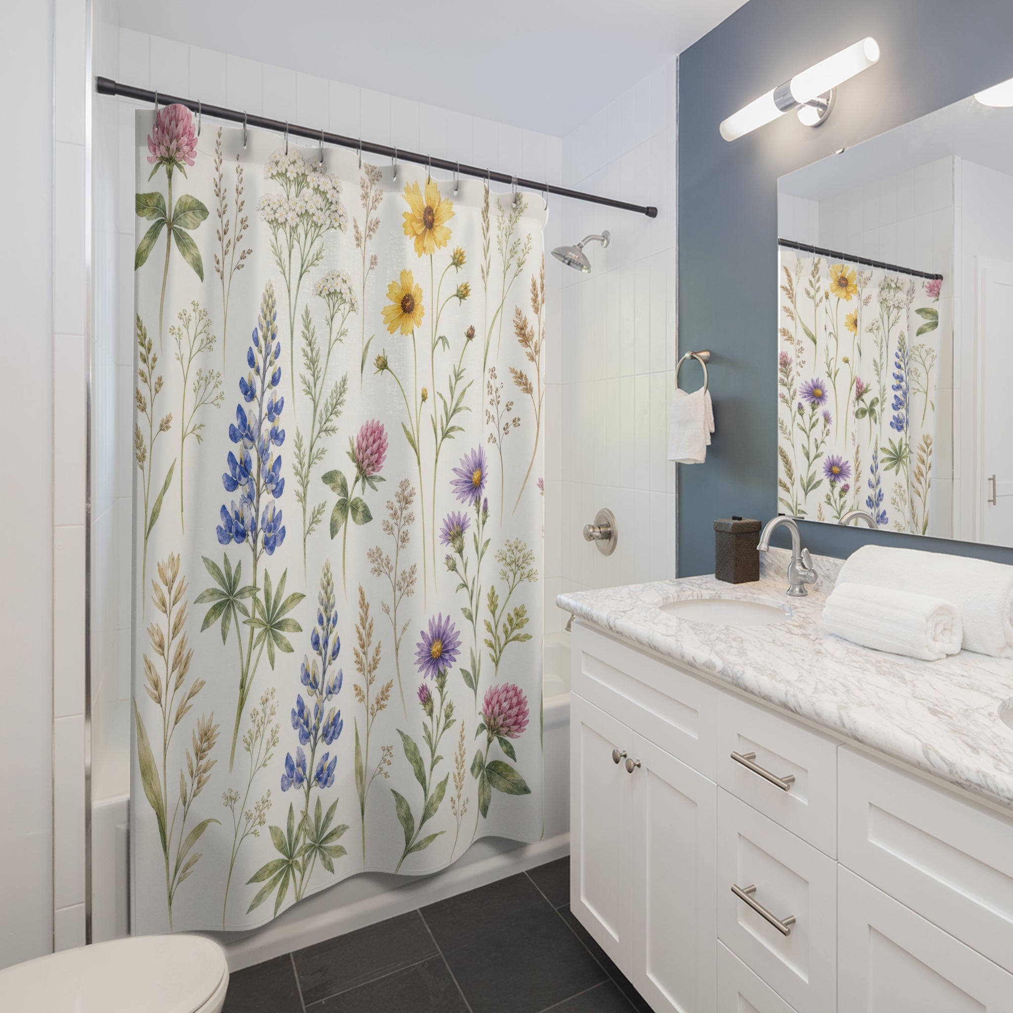 Blue Yellow Wildflower Stem Shower Curtain