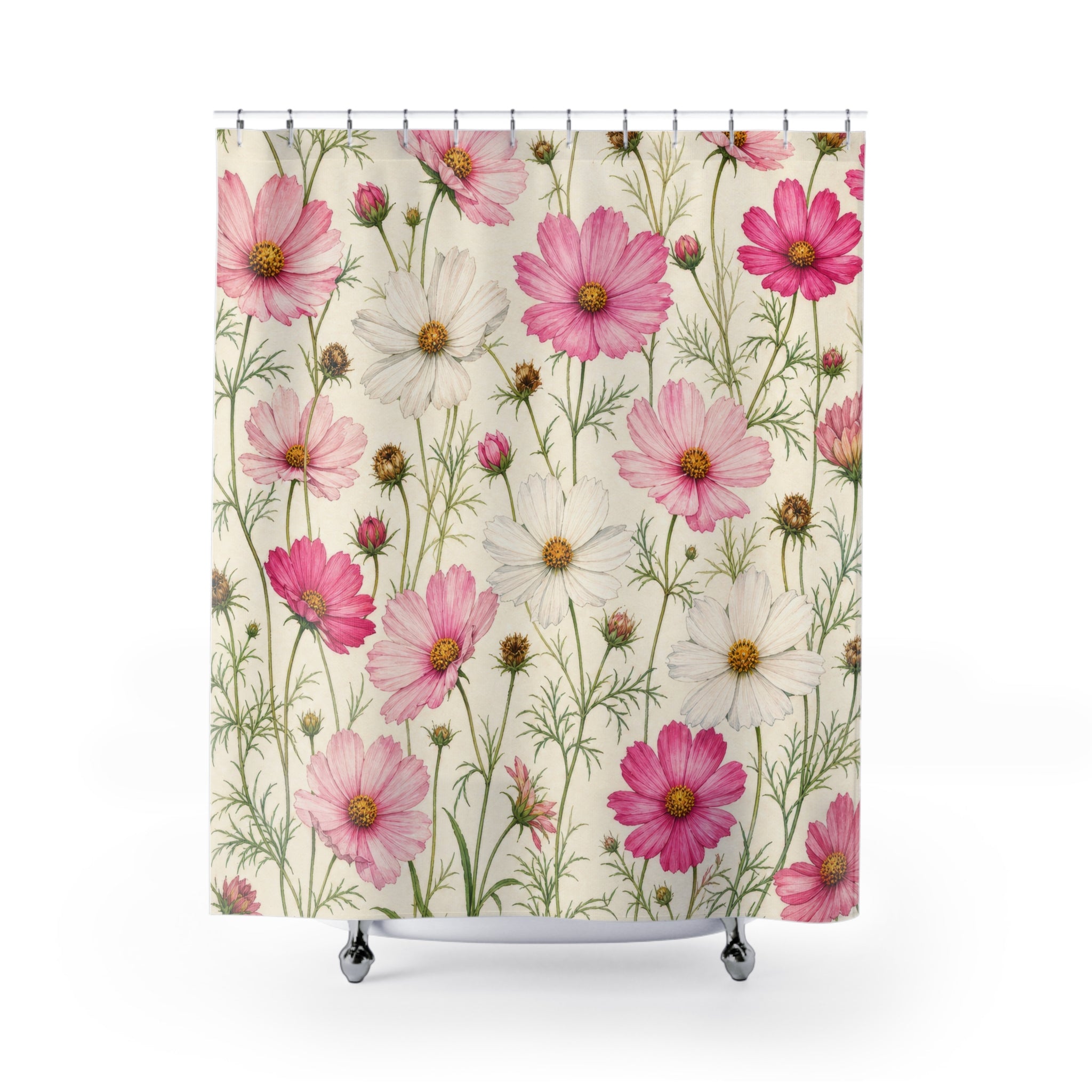 Fresh Pink White Cottage Wildflower Shower Curtain