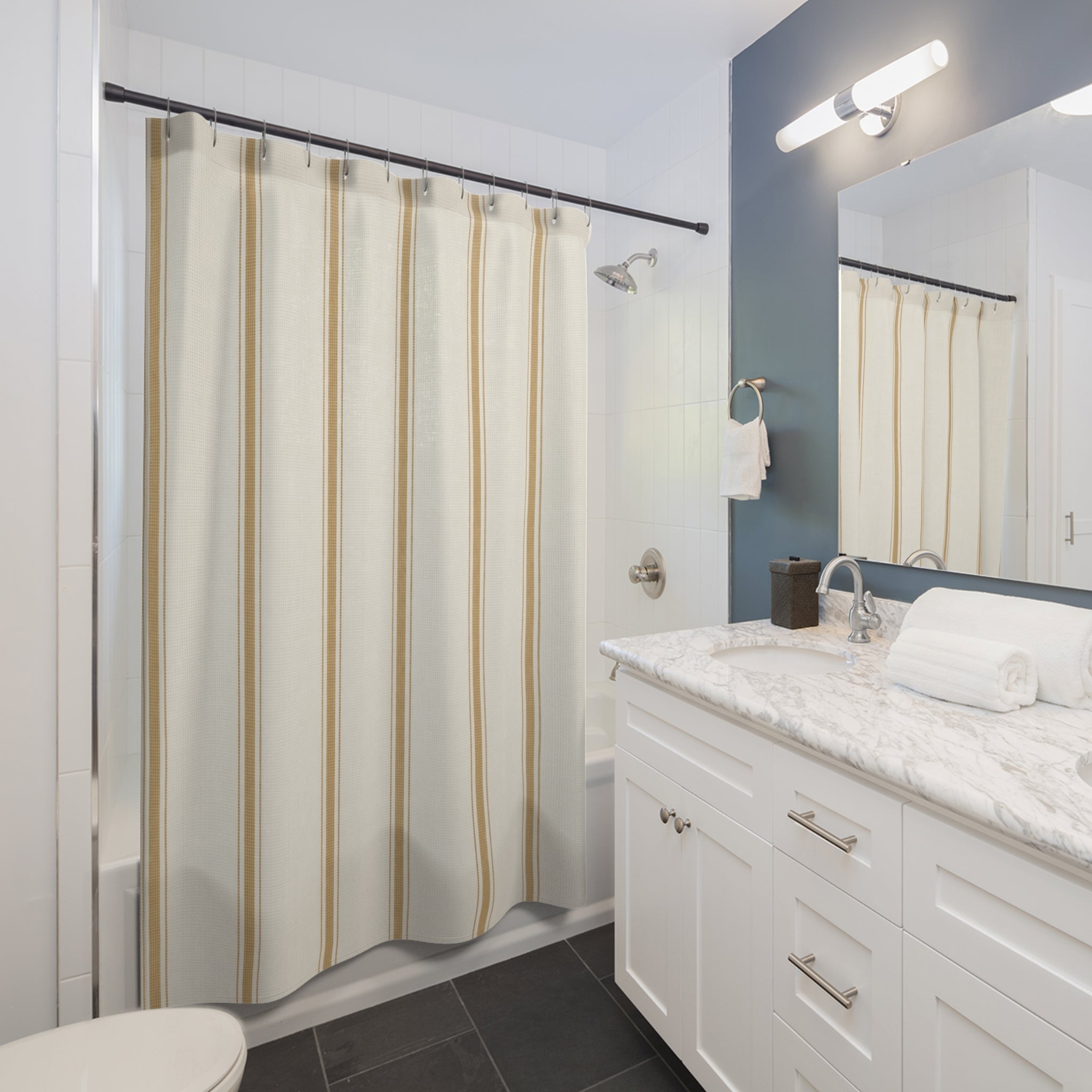 Beige Striped Shower Curtain, Cream Tan Pinstripe Bath Decor, Simple Vertical Line Pattern, Soft Neutral Guest Bathroom Decor Style