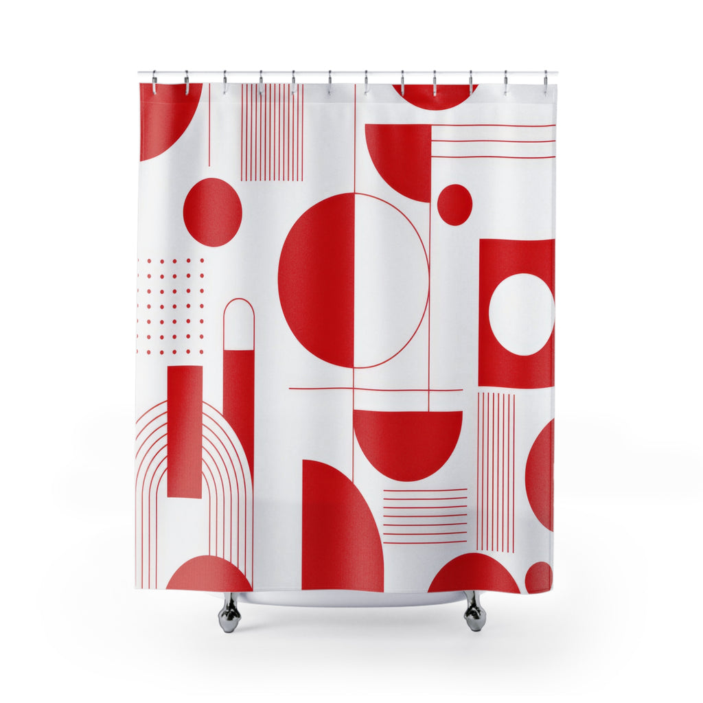 Red Geometric Shower Curtain, Bauhaus Abstract Circle Pattern, Red White Bath Decor, Modern Graphic Guest Bathroom Accent, Retro Style