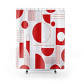 Red Geometric Shower Curtain, Bauhaus Abstract Circle Pattern, Red White Bath Decor, Modern Graphic Guest Bathroom Accent, Retro Style
