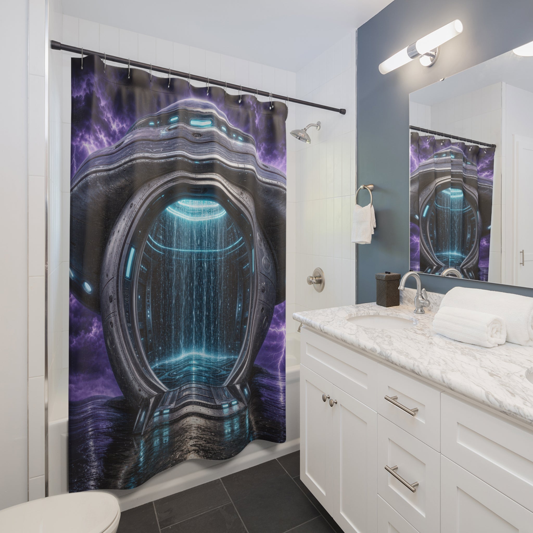 Unique Portal Shower Curtain, Futuristic Sci Fi Water Chamber Art, Purple Blue Lightning Decor, Weird Bathroom Accent, Gamer Guest Bath