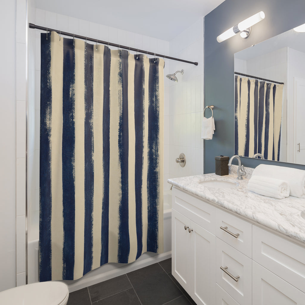 Rough Navy Indigo Brush Stripe Shower Curtain