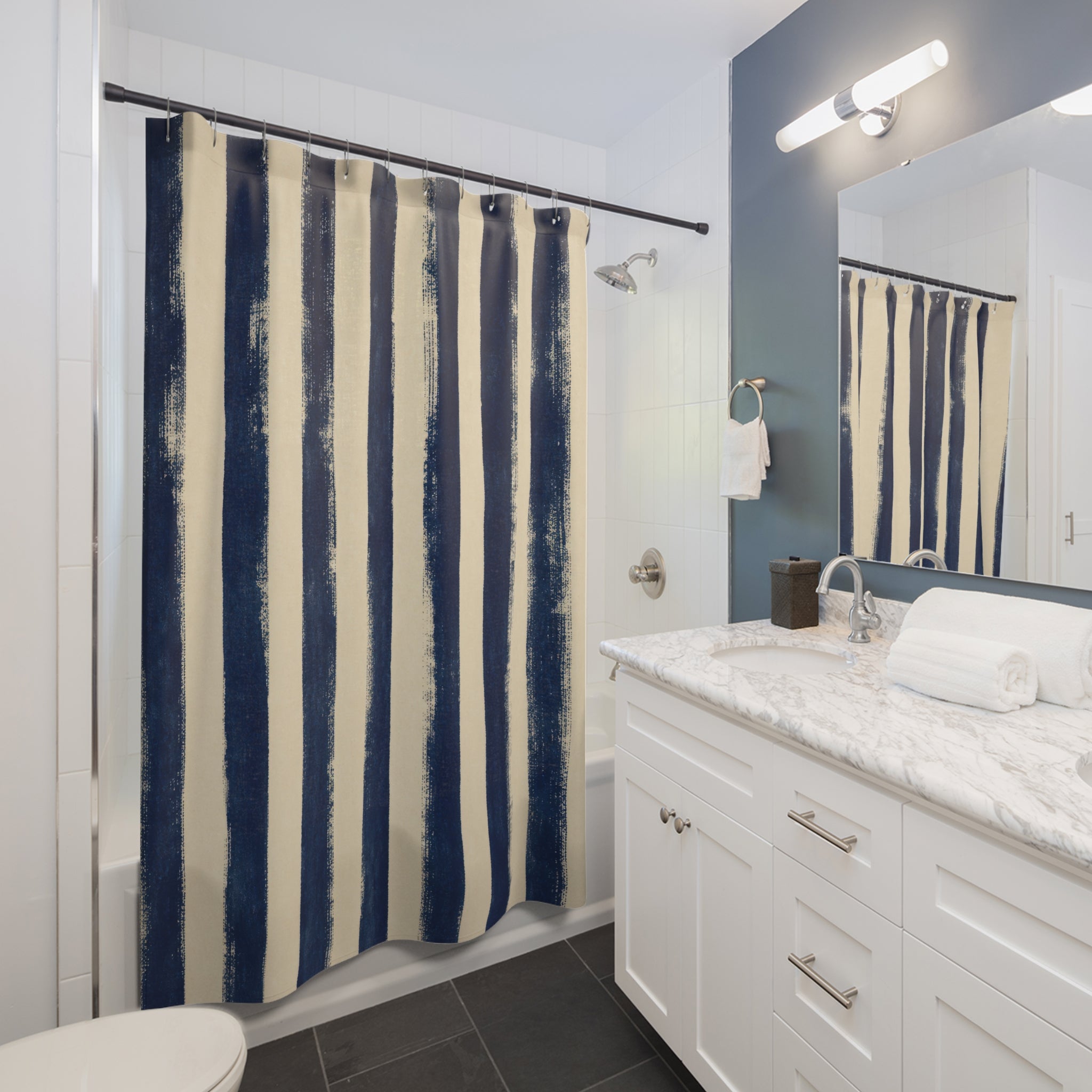Rough Navy Indigo Brush Stripe Shower Curtain