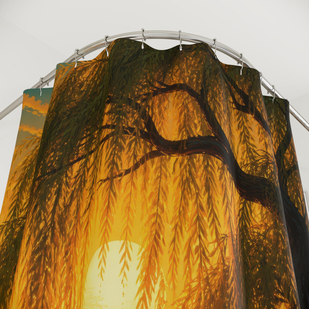 Sunlit golden weeping willow shower curtain with close-up print, hooks, and folds