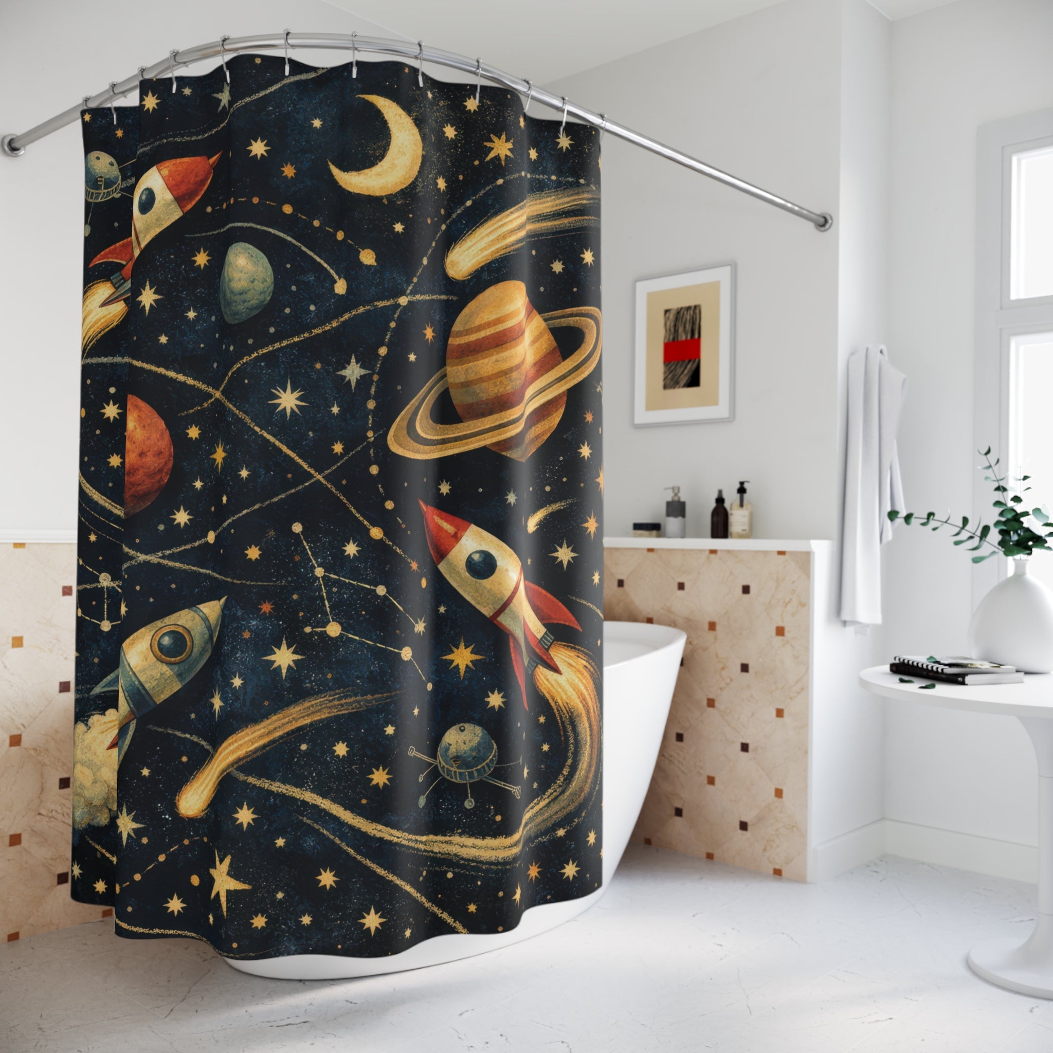Kids Space Shower Curtain – Navy Rocket Galaxy