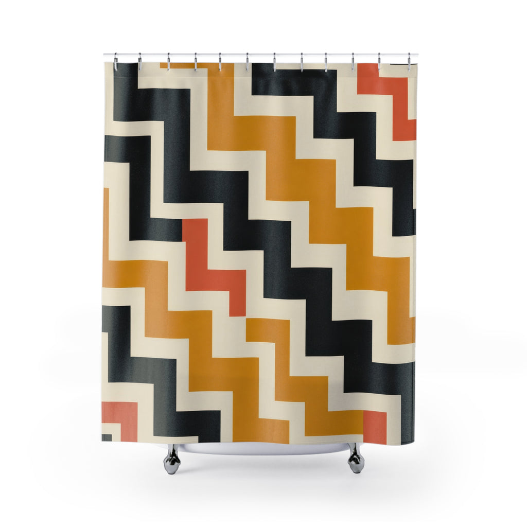 Mustard and black interlocking stepped zigzag labyrinth shower curtain with full front view