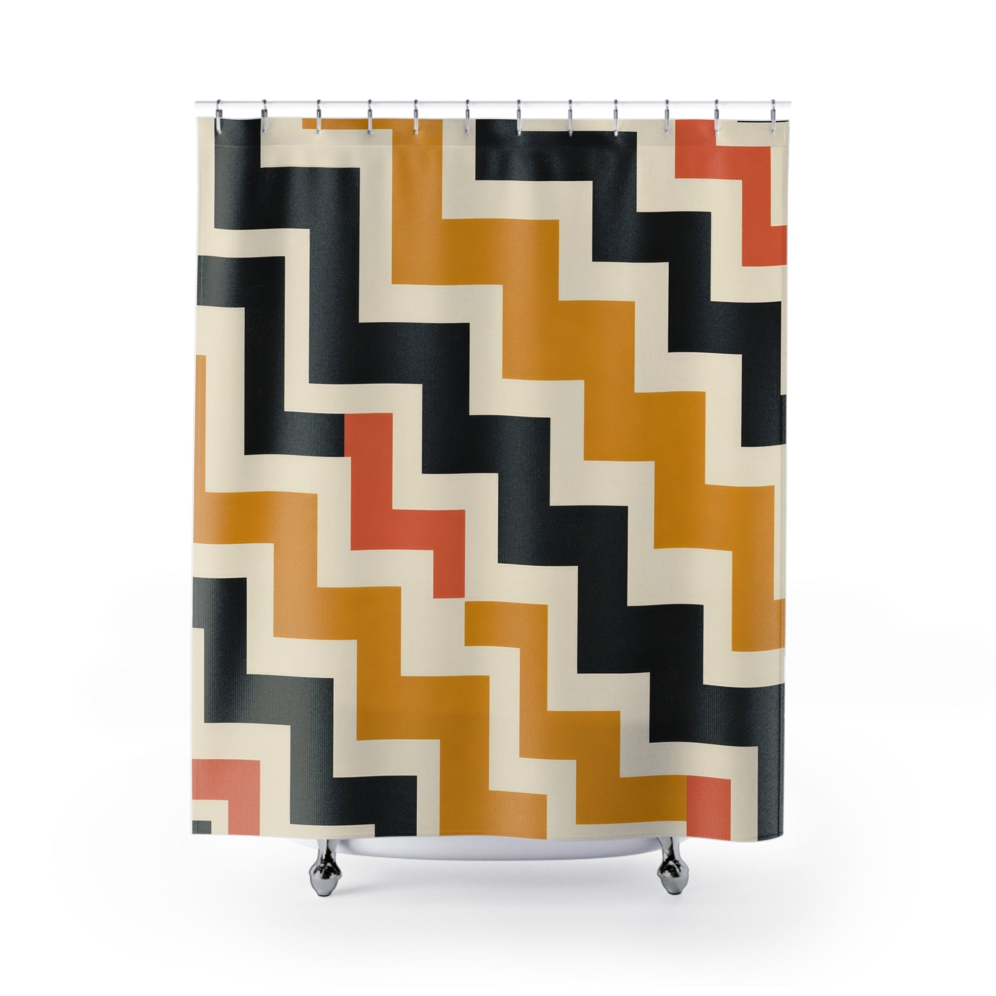 Mustard and black interlocking stepped zigzag labyrinth shower curtain with full front view