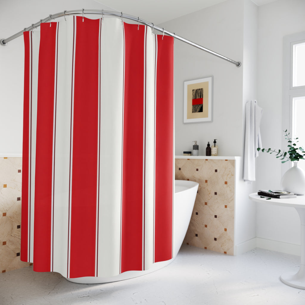 Crisp Red Awning Shower Curtain, Red Ivory Classic Bathroom Decor, Awning Stripe Bath Curtain, Guest Bath Decor, Small Bathroom Decor