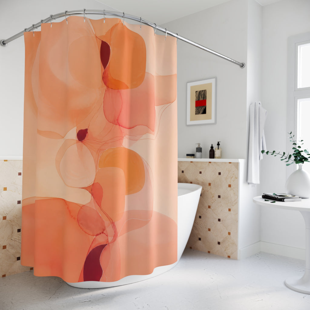 Peachy translucent apricot abstract shapes shower curtain beside a freestanding tub