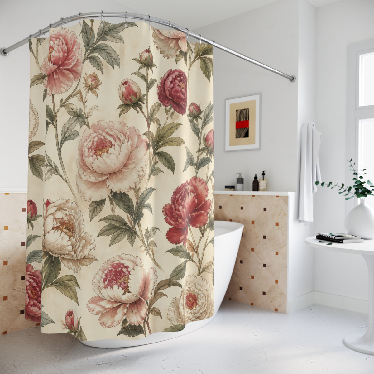 Large Peony Rose vintage floral shower curtain beside a freestanding tub