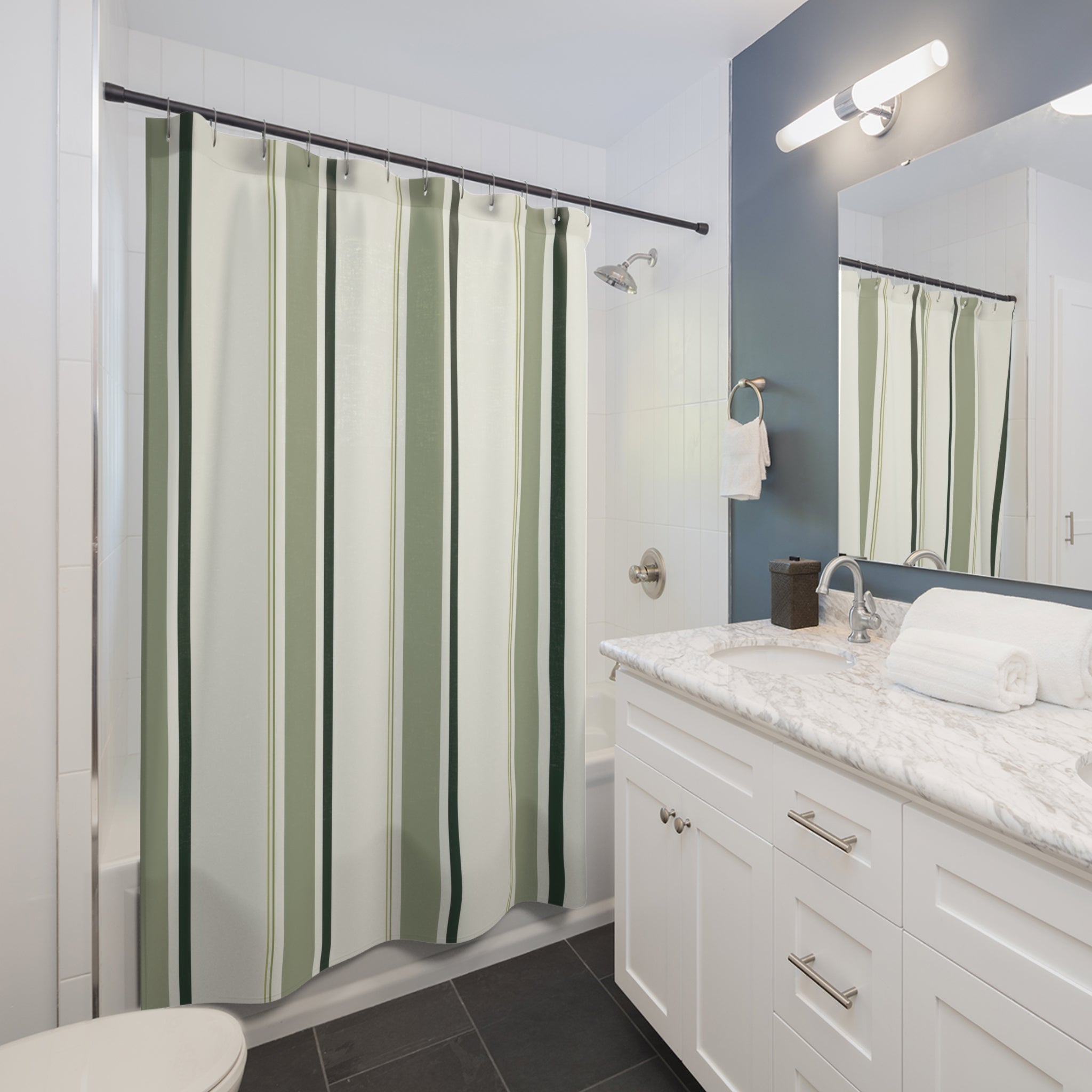 Forest Green Cream Pinstripe Shower Curtain