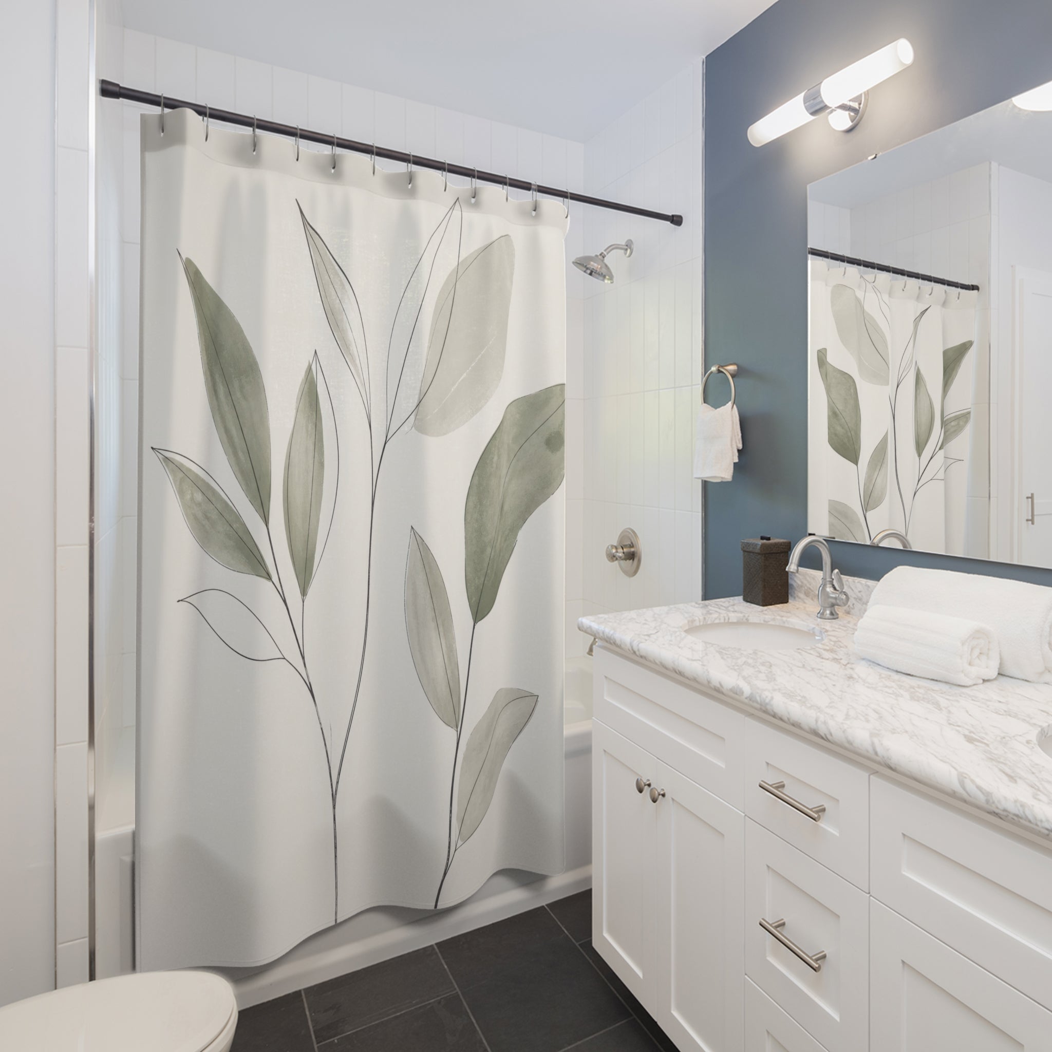 Sage Green Leaf Line Art Shower Curtain