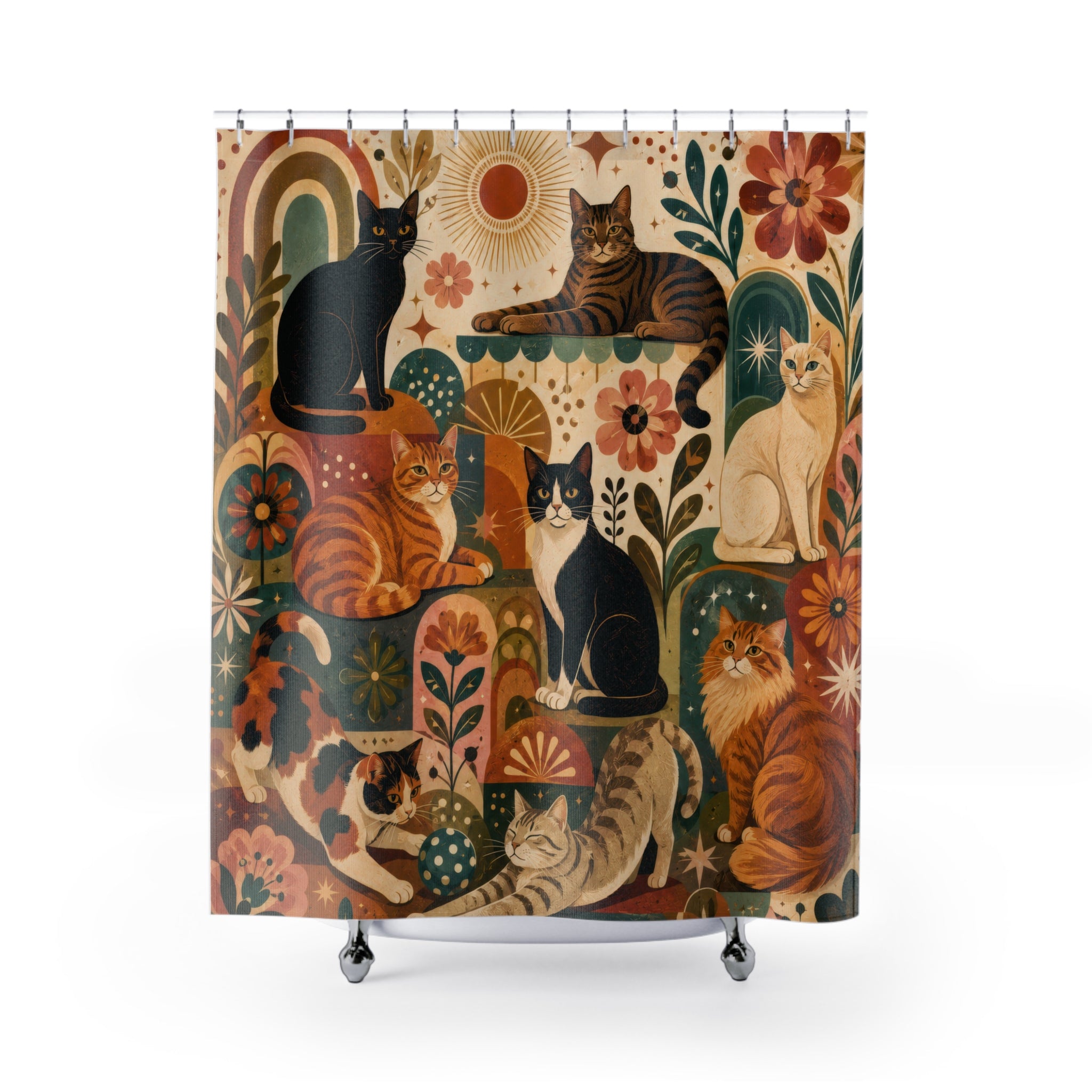 Retro Cat Floral Shower Curtain